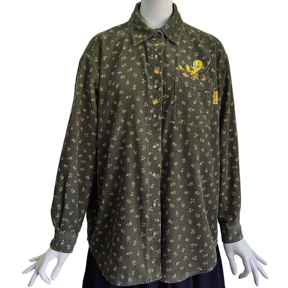 TWEETY BIRD Looney Tunes ATL72 Leaf Print Oversized Corduroy Shirt Shacket Sz M - Picture 1 of 14